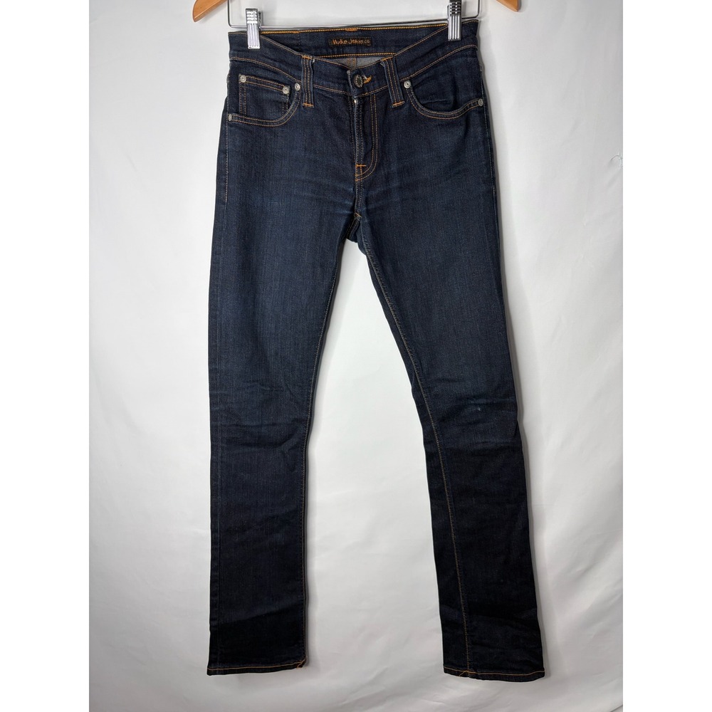 Nudie Jeans Co Slim Dark Indigo Denim Jeans W27 L34 Orange Stitch Made in Italy